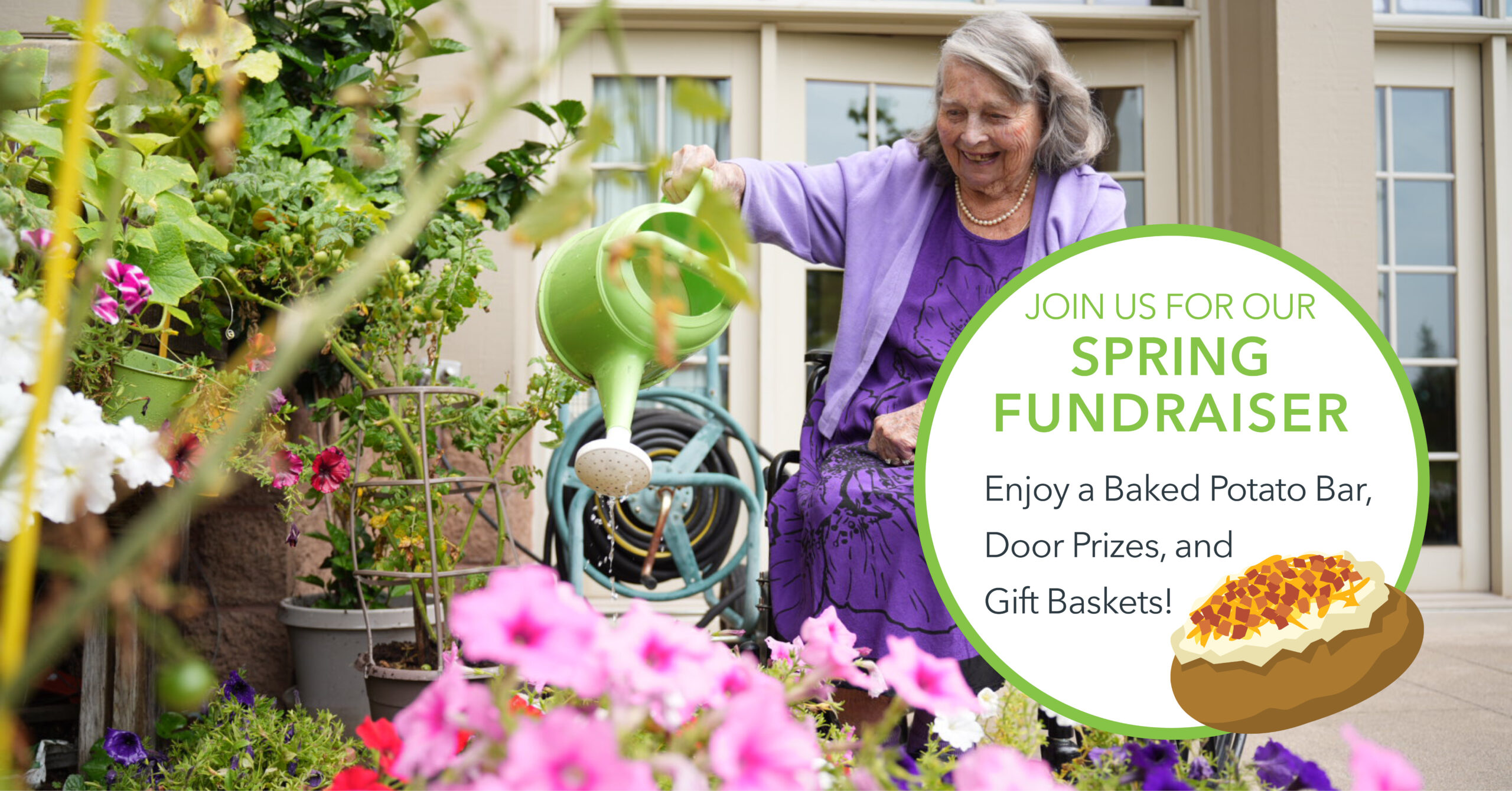 A senior woman watering flowers as the background image. Overlaid on top of the image is a sticker that says: SPUDS FOR SEEDS — SPRING FUNDRAISER: Join us Thursday, March 26, 2026 from 5pm - 6pm at Ecumen CountrySide for our spring fundraiser and enjoy a baked potato bar, door prizes, and gift baskets.