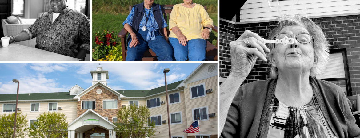 A collage of seniors enjoying activities, exterior of Ecumen Countryside’s Assisted Living building.
