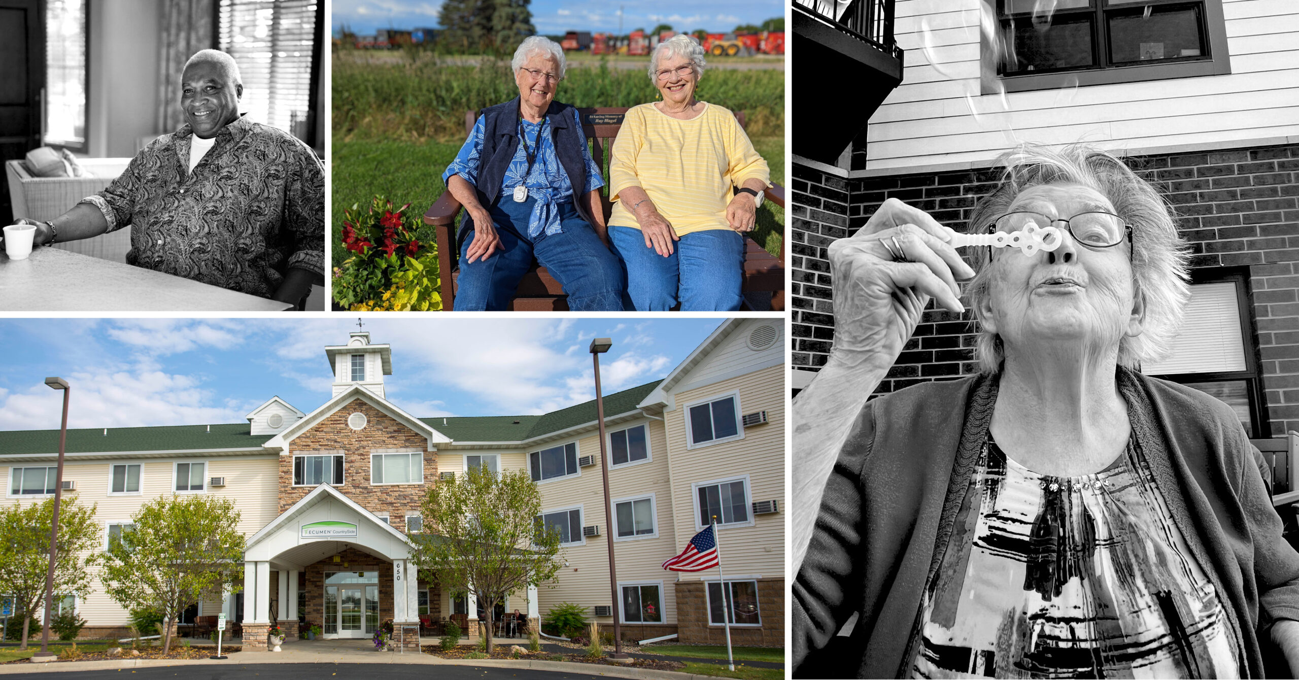 A collage of seniors enjoying activities, exterior of Ecumen Countryside’s Assisted Living building.
